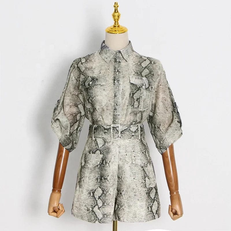 OUDINANew Casual Lapel Single Button Mid-sleeve Printed Top Shirt Pocket Splicing Two Piece Shorts Sets For Women