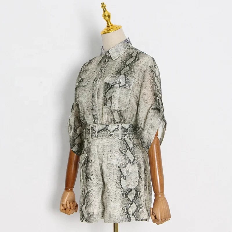 OUDINANew Casual Lapel Single Button Mid-sleeve Printed Top Shirt Pocket Splicing Two Piece Shorts Sets For Women