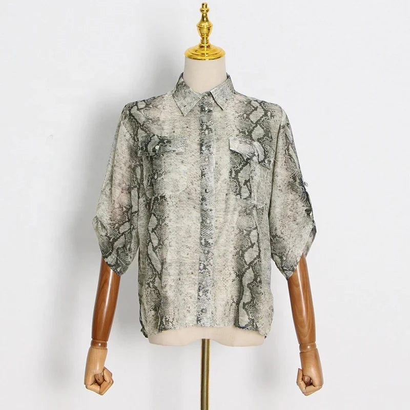 OUDINANew Casual Lapel Single Button Mid-sleeve Printed Top Shirt Pocket Splicing Two Piece Shorts Sets For Women