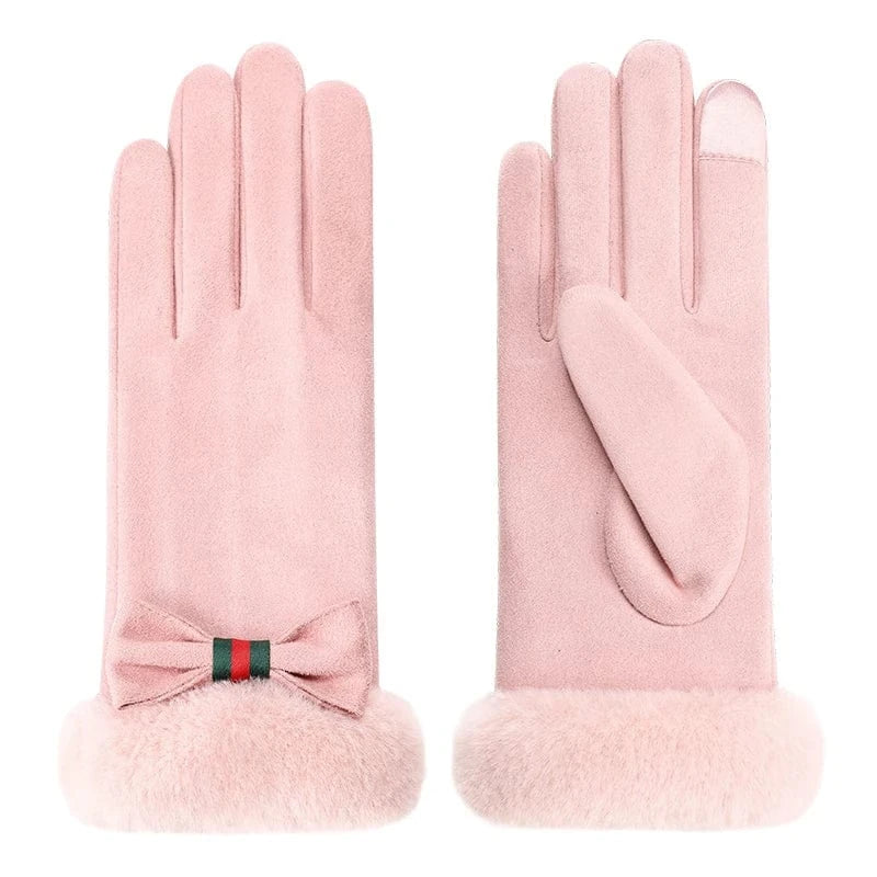 Outdoor cute bow comfortable lining winter windproof touch screen fashion gloves for women