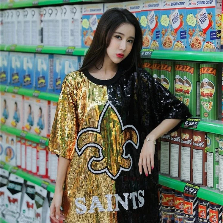 Oversize Boyfriend Style Nfl Women Casual Fashion Bling Sequins T-Shirts Girl's Sexy Loose Short Sleeve Long T Shirt dress