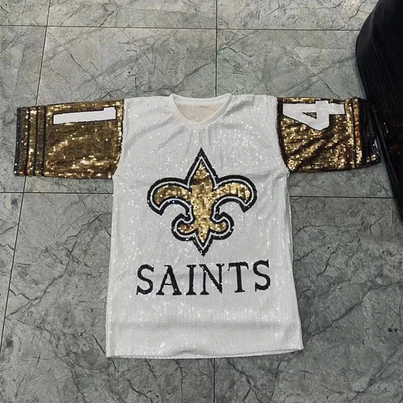 Oversize Boyfriend Style Nfl Women Casual Fashion Bling Sequins T-Shirts Girl's Sexy Loose Short Sleeve Long T Shirt dress