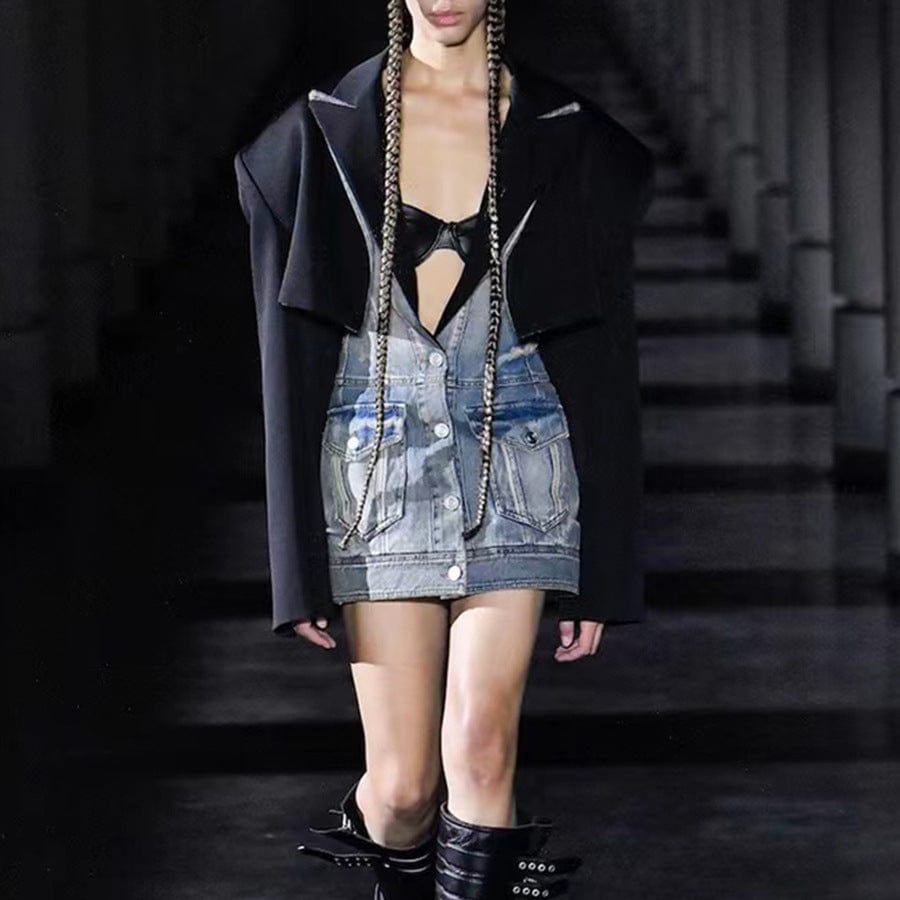 Oversize Suit Jacket Splicing Catwalk Fashion Temperament Women's Clothing 2023 Personality Unique Sexy Denim Women's Dresses