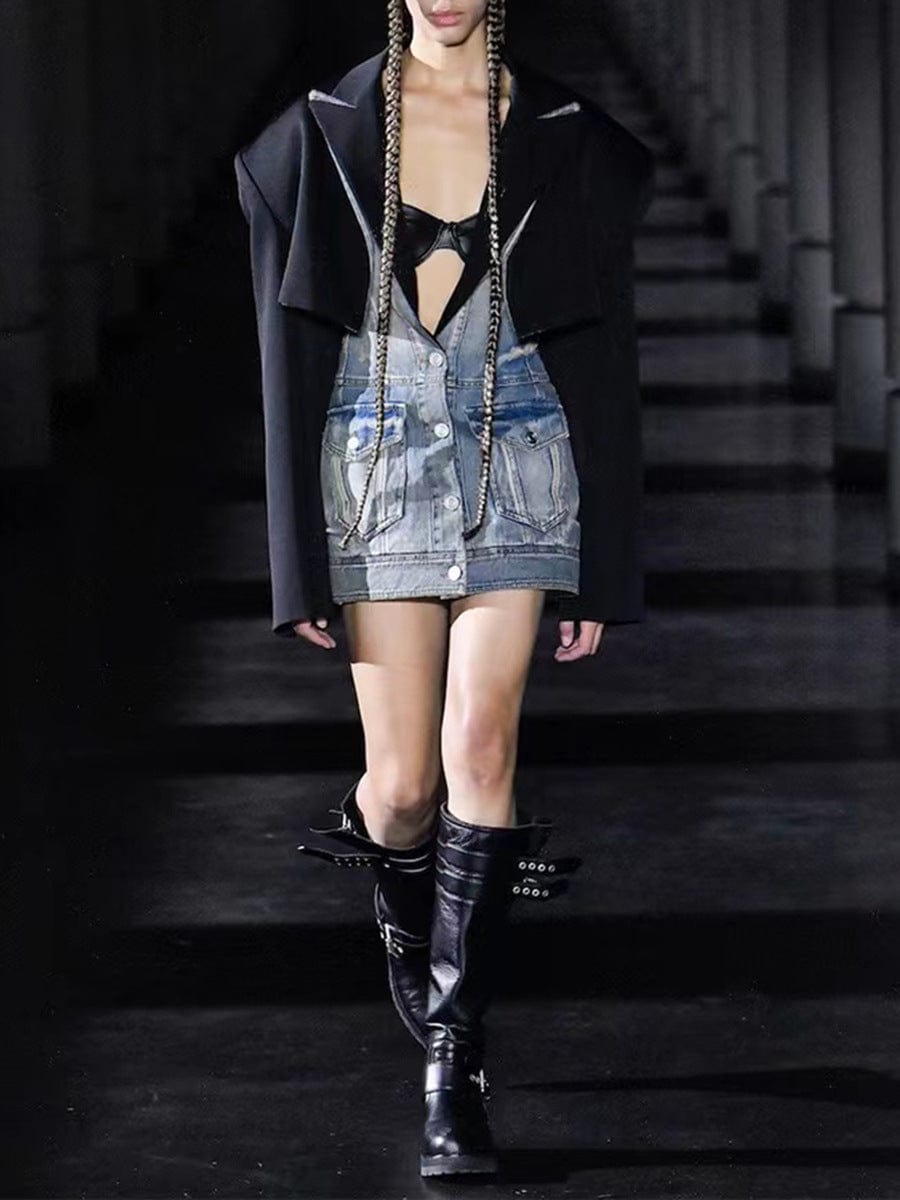 Oversize Suit Jacket Splicing Catwalk Fashion Temperament Women's Clothing 2023 Personality Unique Sexy Denim Women's Dresses