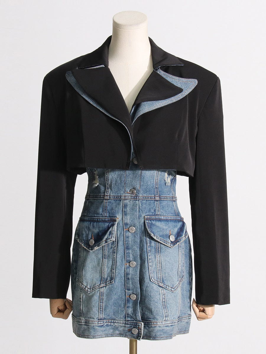 Oversize Suit Jacket Splicing Catwalk Fashion Temperament Women's Clothing 2023 Personality Unique Sexy Denim Women's Dresses