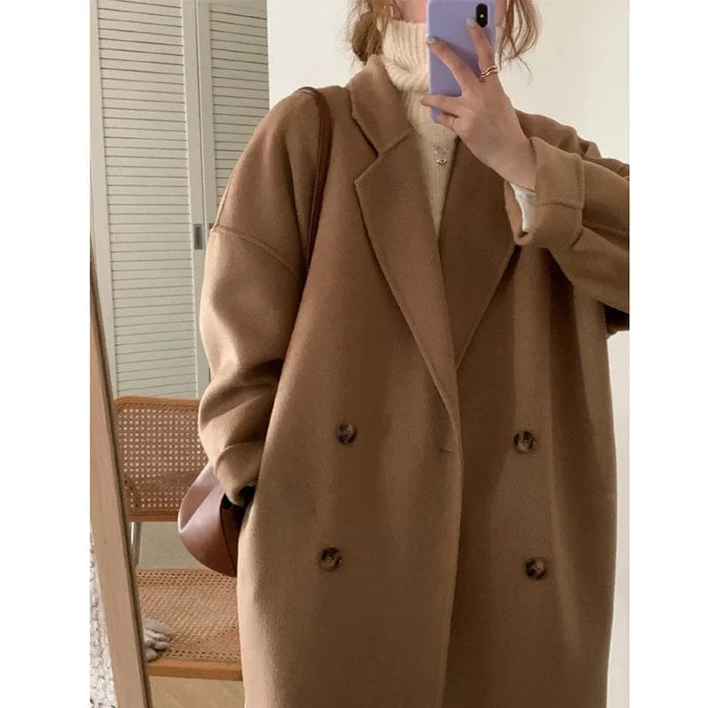 Oversized Women Cashmere Wool Coat Autumn Handmade Turn Down Collar Long Wool Coats