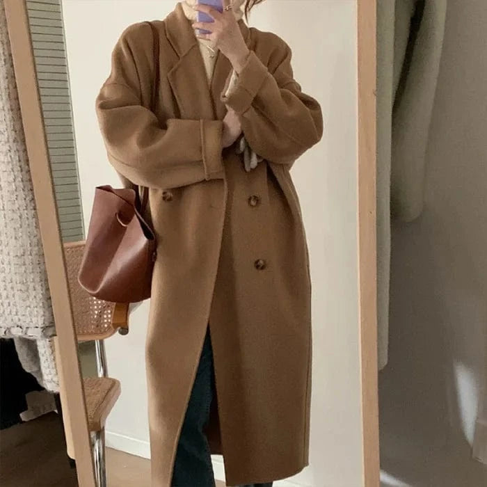 Oversized Women Cashmere Wool Coat Autumn Handmade Turn Down Collar Long Wool Coats