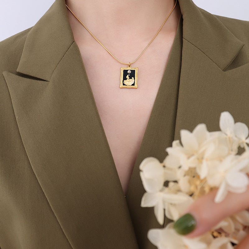 P078 gold necklace 40 5cm New Woman Silver French Choker Square Vintage Photo Frame Pendant Imitation Pearl Design Necklace Titanium Steel