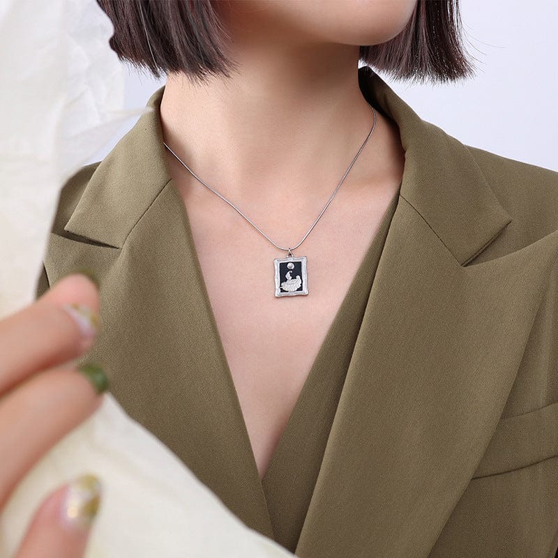P078 steel necklace 405cm New Woman Silver French Choker Square Vintage Photo Frame Pendant Imitation Pearl Design Necklace Titanium Steel