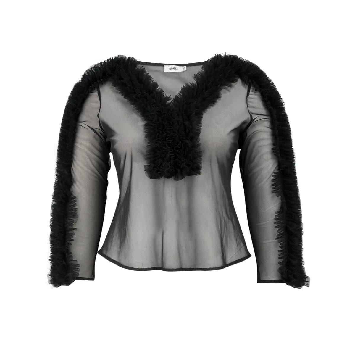 P230 Sexy See Through Long Sleeve V Neck Mesh Patchwork Tops