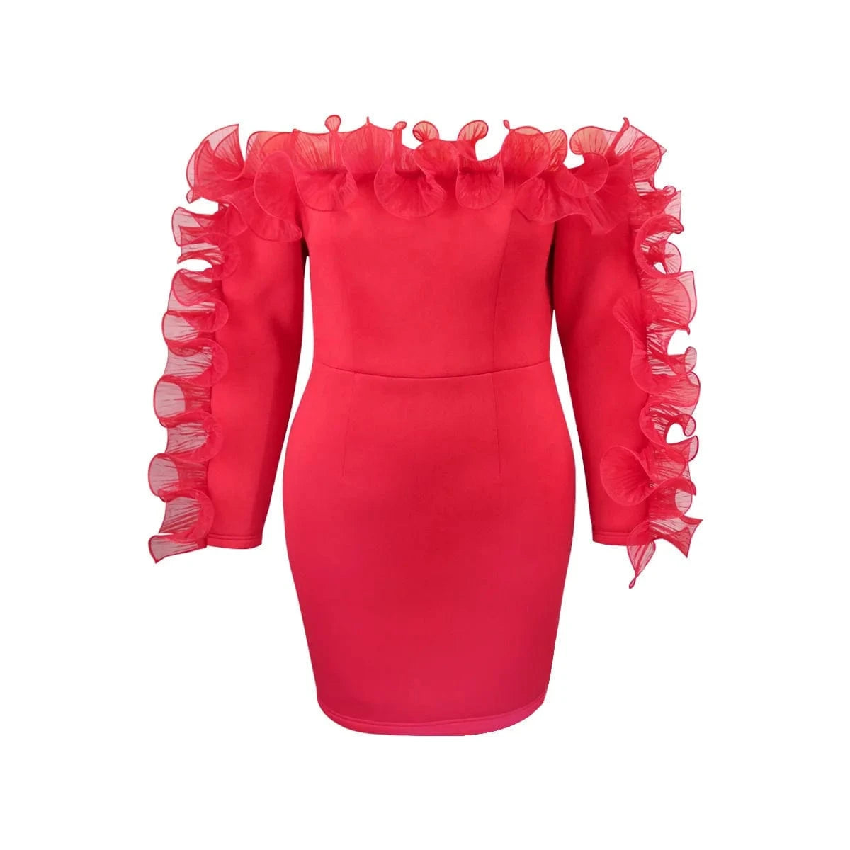 P28808 2024 Summer Off Shoulder Exaggerated Ruffle Ruched Mesh Bodycon Dress