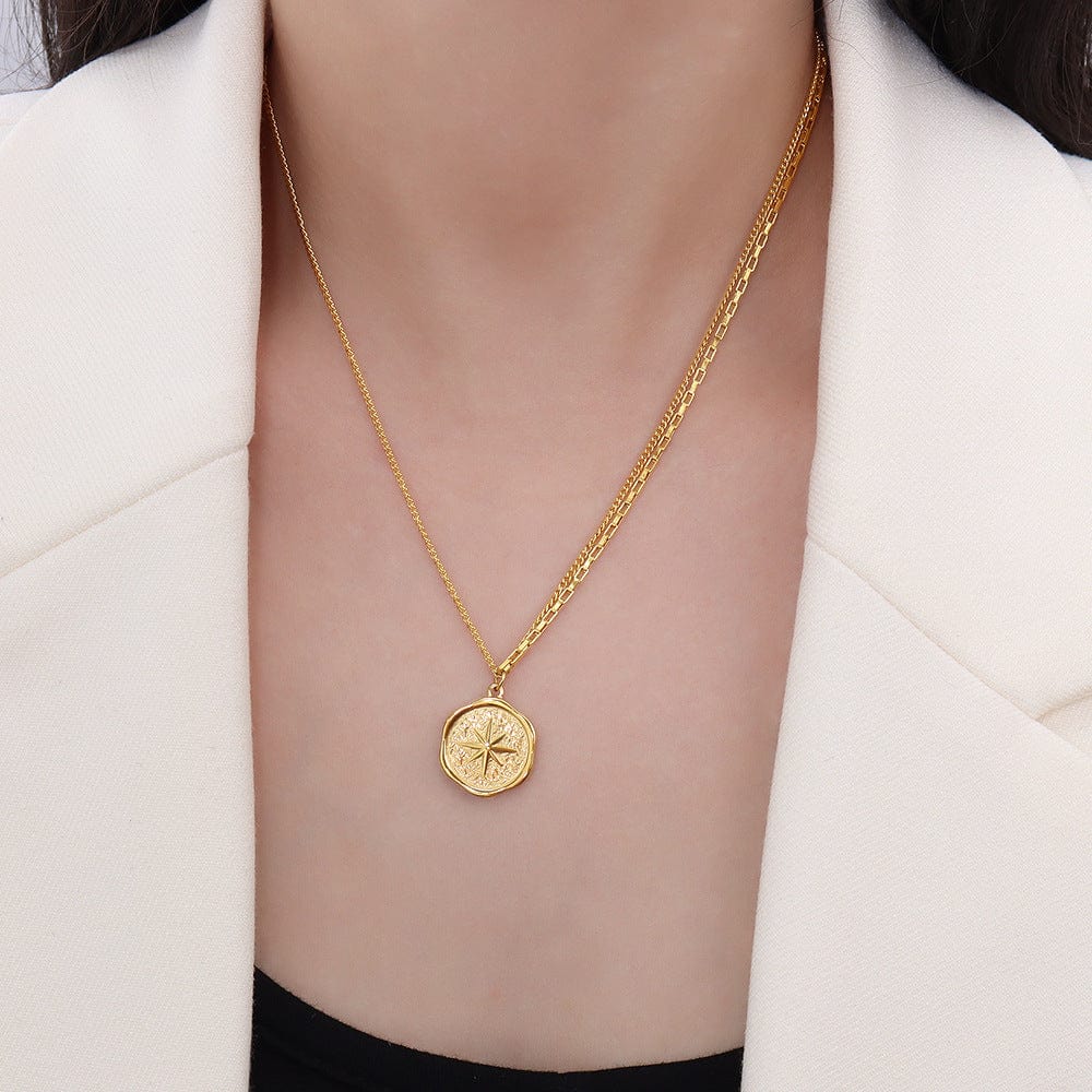 P574 gold necklace 40 5cm New Stainless Steel Gold Pendant Necklace For Women Girls Vintage Round Disc Star Shape Simple Necklace Jewelry Gift