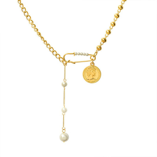 P653-Golden-portrait round pearl necklace-40 7cm Gothic Baroque Pearl Coin Pendant Pin Choker Necklace for Women Wedding Punk Bead Gold Color Long Chain Necklace Jewelry Gift
