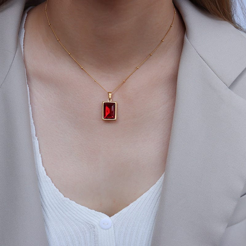 P769 gold Jacinth necklace New Stainless Steel Zircon Stone Pendant Necklace Women Stylish Metal Red Green Color Square Collar Necklace Holiday Gift