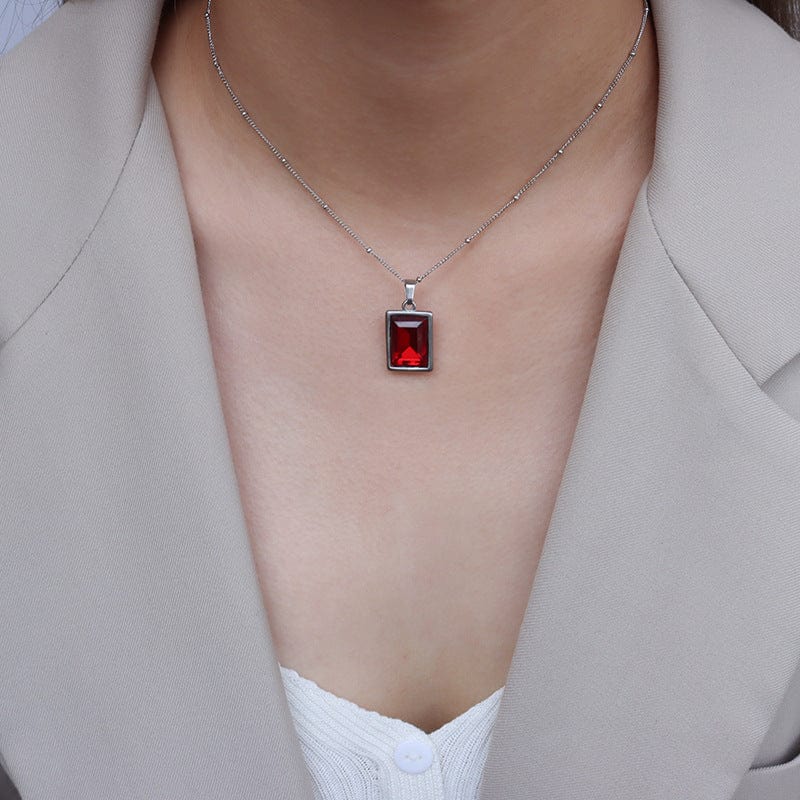 P769 steel red zircon necklace New Stainless Steel Zircon Stone Pendant Necklace Women Stylish Metal Red Green Color Square Collar Necklace Holiday Gift