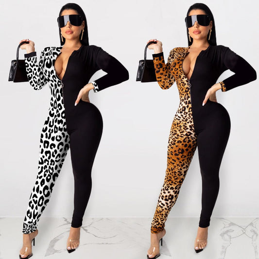 PA6274 - women casual leopard patched long sleeve one piece jumpsuit