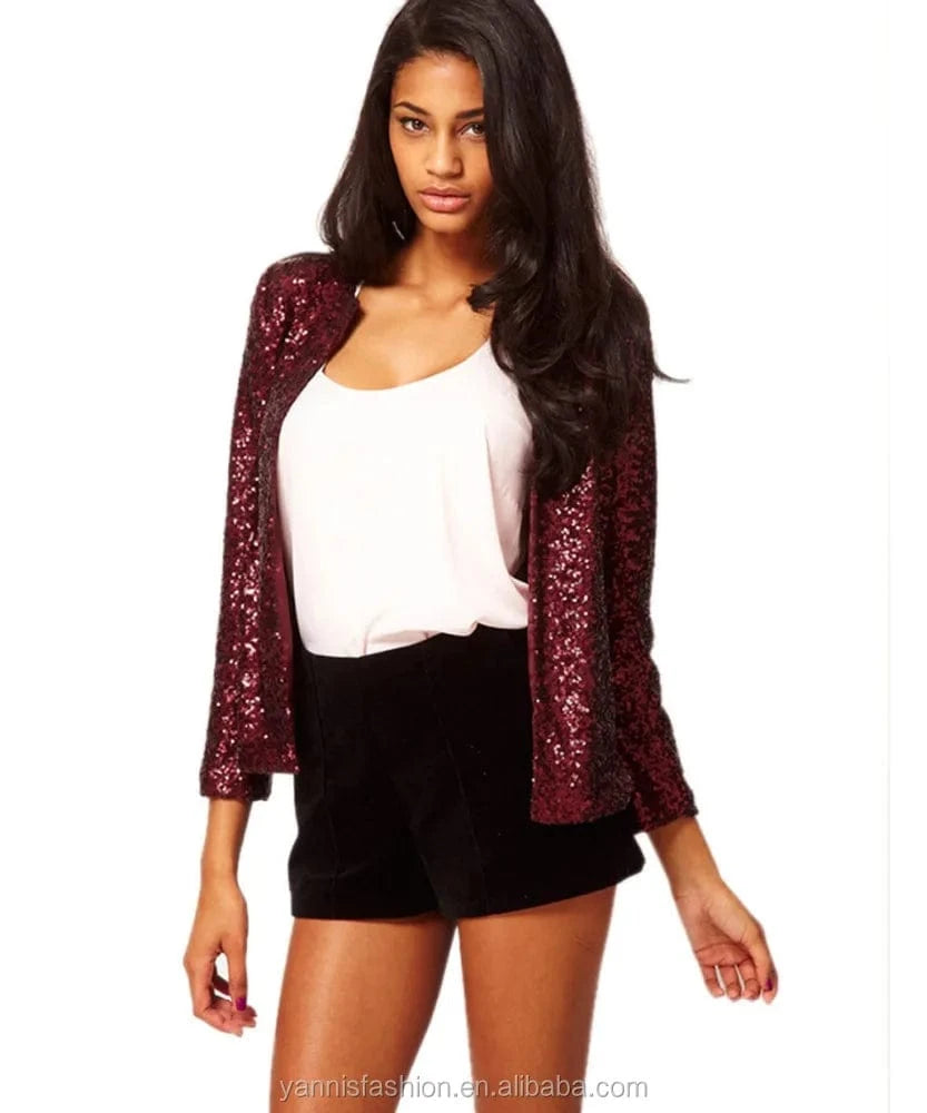 Paillette Long Sleeve Loose Women Basic Coats Womens Spring Autumn Jackets Red Sequin Vintage Short Shiny Jacket E4461