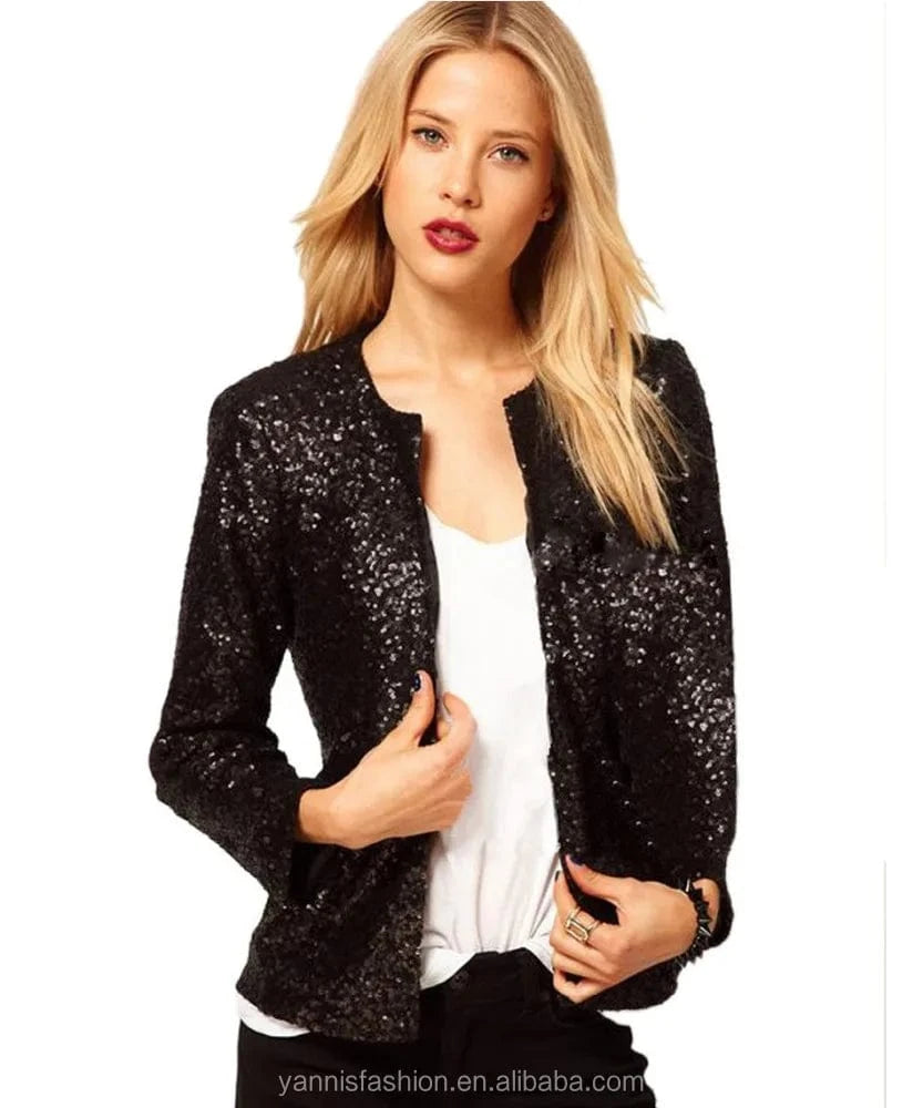 Paillette Long Sleeve Loose Women Basic Coats Womens Spring Autumn Jackets Red Sequin Vintage Short Shiny Jacket E4461