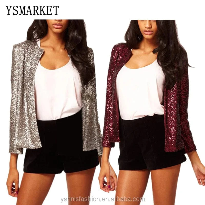 Paillette Long Sleeve Loose Women Basic Coats Womens Spring Autumn Jackets Red Sequin Vintage Short Shiny Jacket E4461