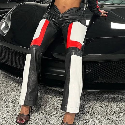 pants L / mix red New Motorcycle Streetwear Fall Winter Spring Color Block Fashion Casual Trousers V Waist Pu Leather Pants Women Leather Pants