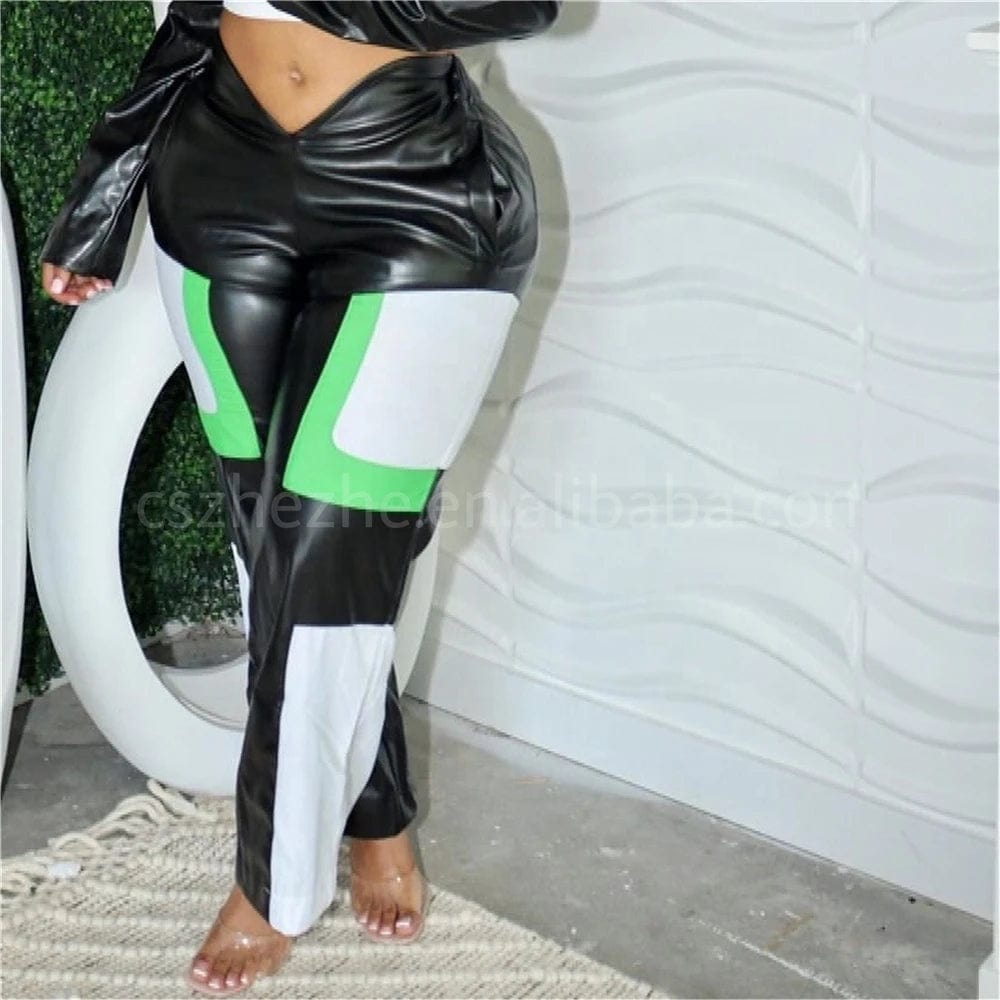 pants New Motorcycle Streetwear Fall Winter Spring Color Block Fashion Casual Trousers V Waist Pu Leather Pants Women Leather Pants