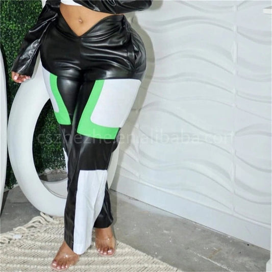 pants New Motorcycle Streetwear Fall Winter Spring Color Block Fashion Casual Trousers V Waist Pu Leather Pants Women Leather Pants