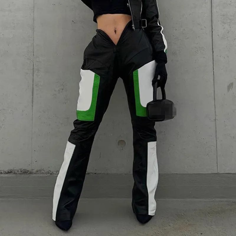 pants New Motorcycle Streetwear Fall Winter Spring Color Block Fashion Casual Trousers V Waist Pu Leather Pants Women Leather Pants