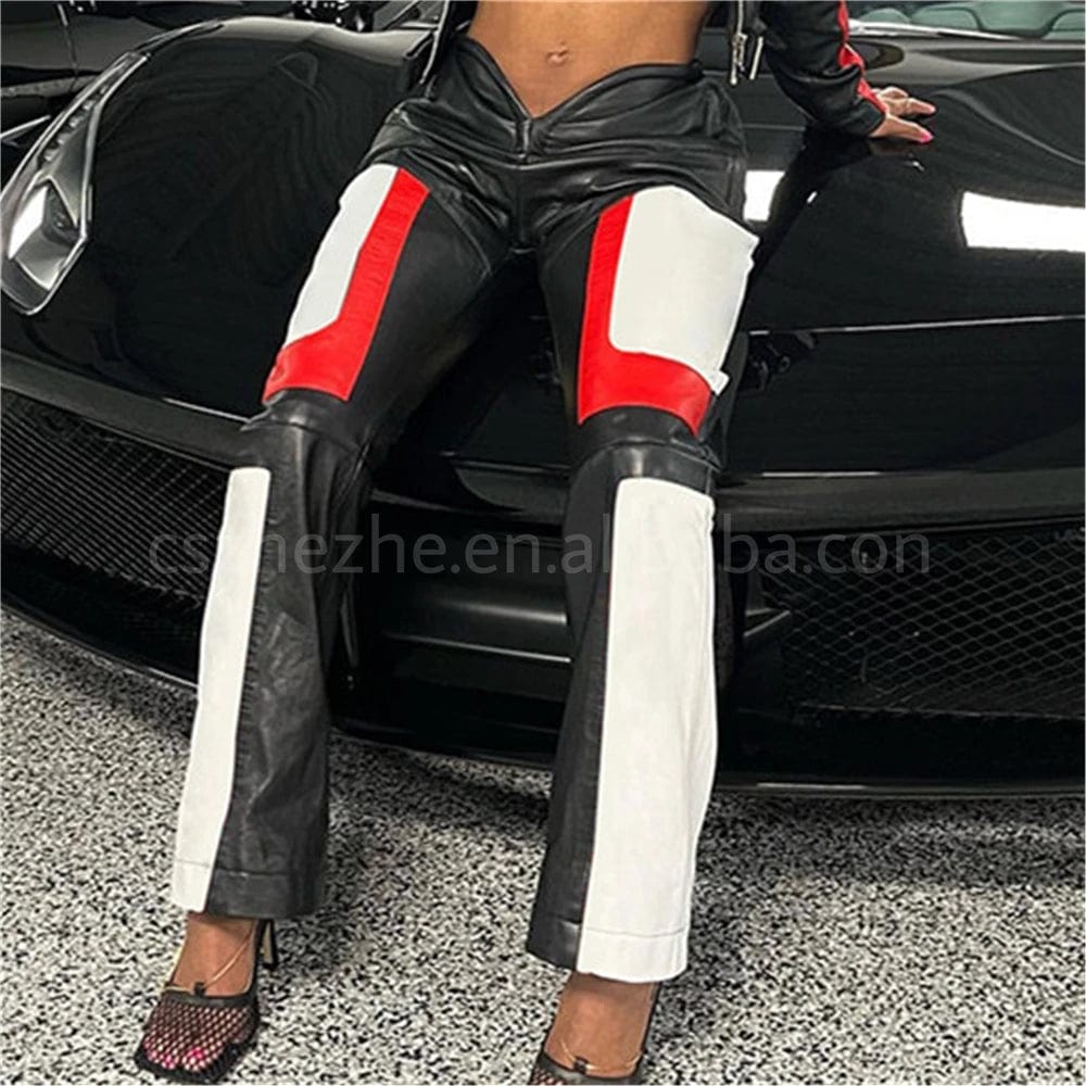pants New Motorcycle Streetwear Fall Winter Spring Color Block Fashion Casual Trousers V Waist Pu Leather Pants Women Leather Pants