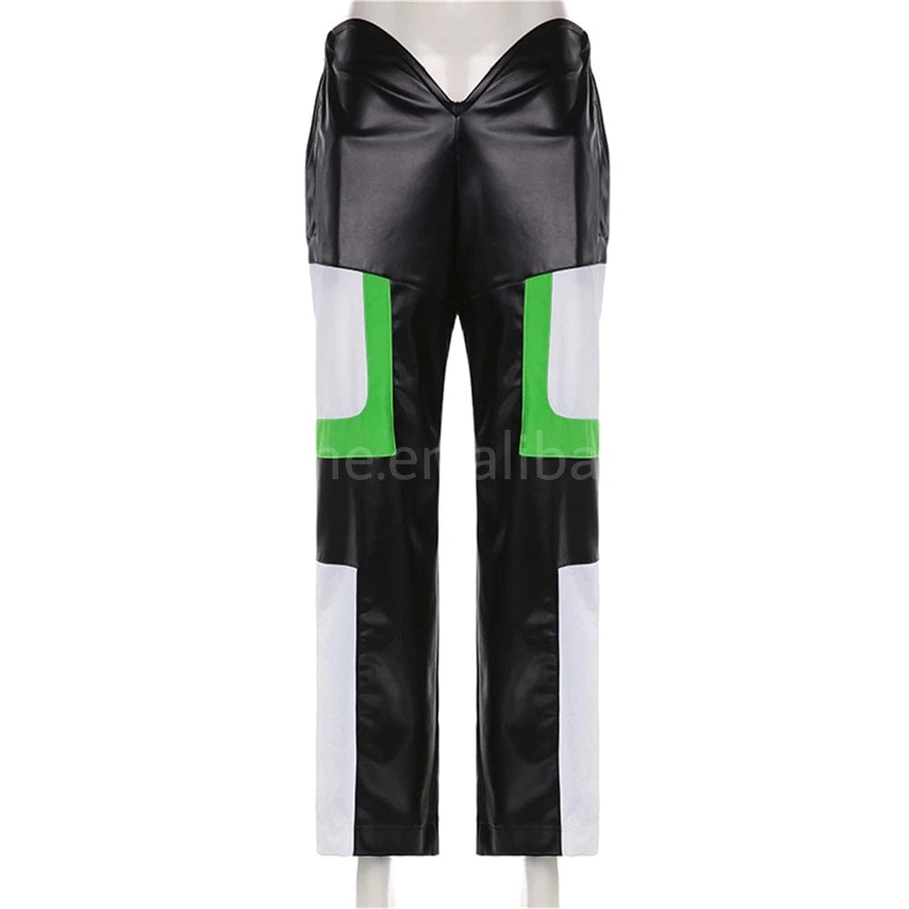 pants New Motorcycle Streetwear Fall Winter Spring Color Block Fashion Casual Trousers V Waist Pu Leather Pants Women Leather Pants