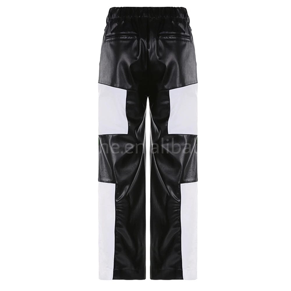 pants New Motorcycle Streetwear Fall Winter Spring Color Block Fashion Casual Trousers V Waist Pu Leather Pants Women Leather Pants