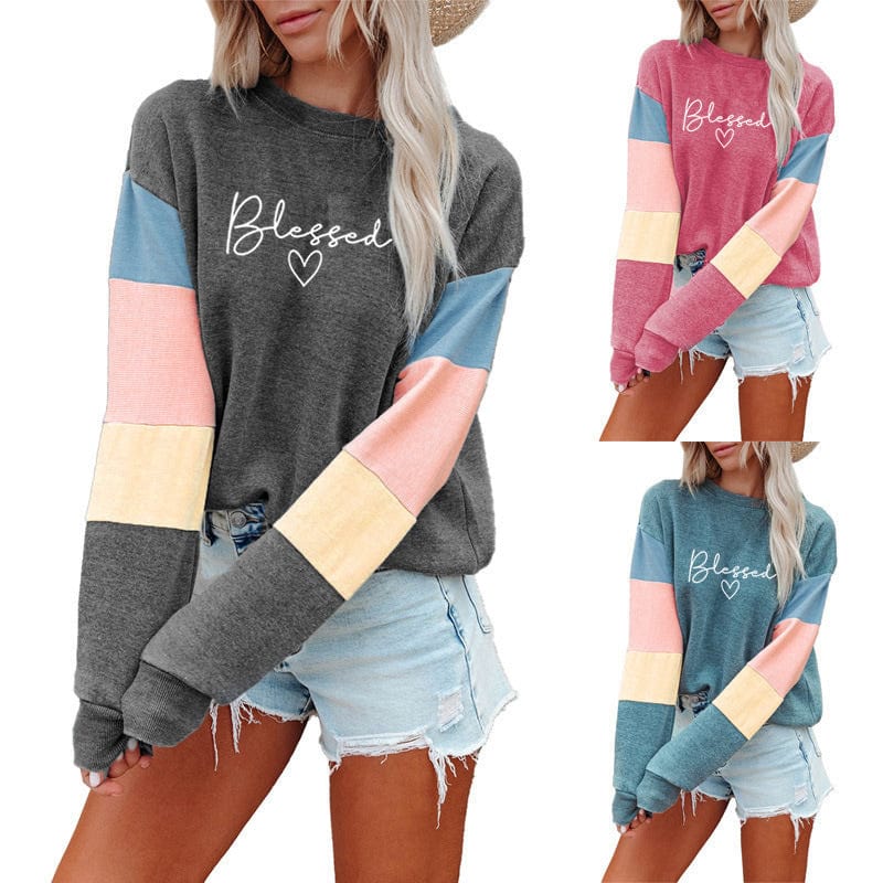 Patchwork Fashion Women Sweatshirt Casual Long Sleeve Pullover blessed Print Crewneck Women logo hoodie  Sweatshirt