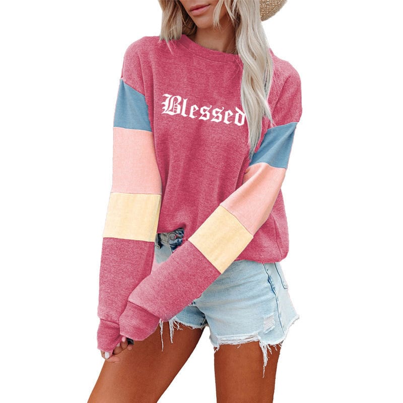 Patchwork Fashion Women Sweatshirt Casual Long Sleeve Pullover blessed Print Crewneck Women logo hoodie  Sweatshirt