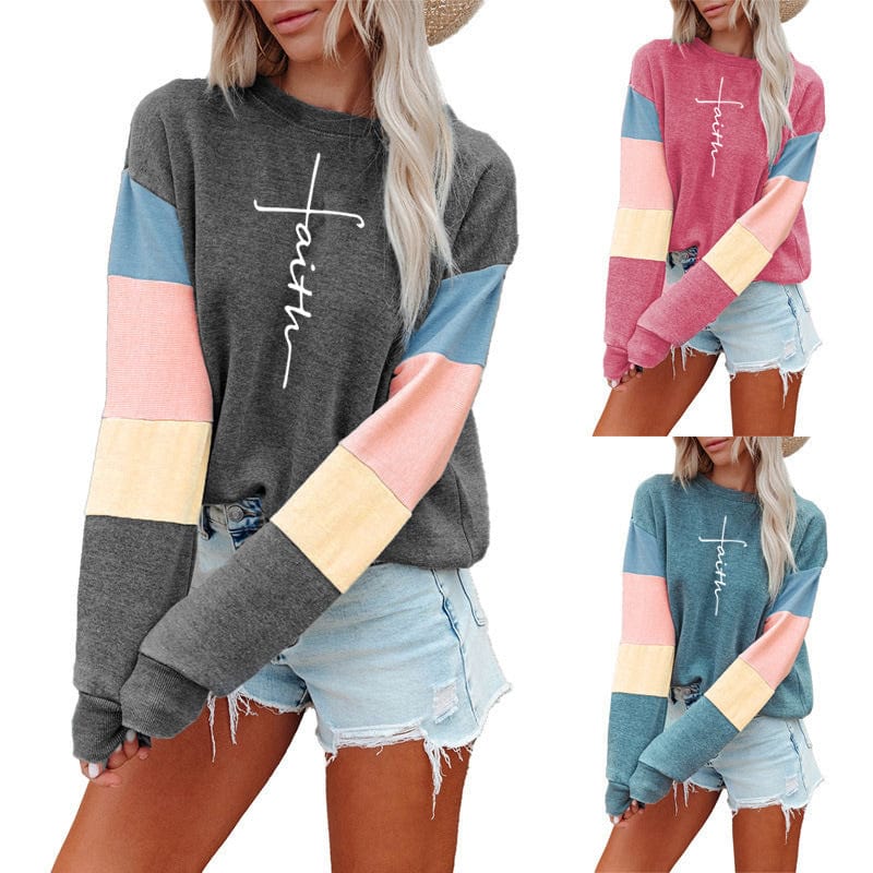 Patchwork Fashion Women Sweatshirt Casual Long Sleeve Pullover Faith Print Crewneck Women logo hoodie  Sweatshirt