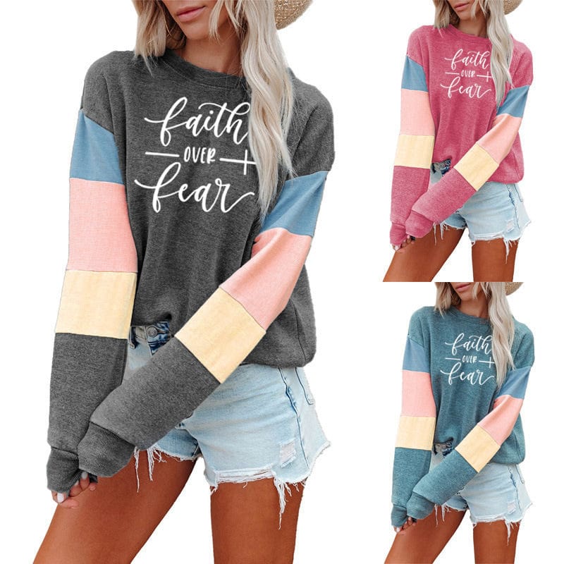 Patchwork Fashion Women Sweatshirt Casual Long Sleeve Pullover Faith Print Crewneck Women logo hoodie  Sweatshirt