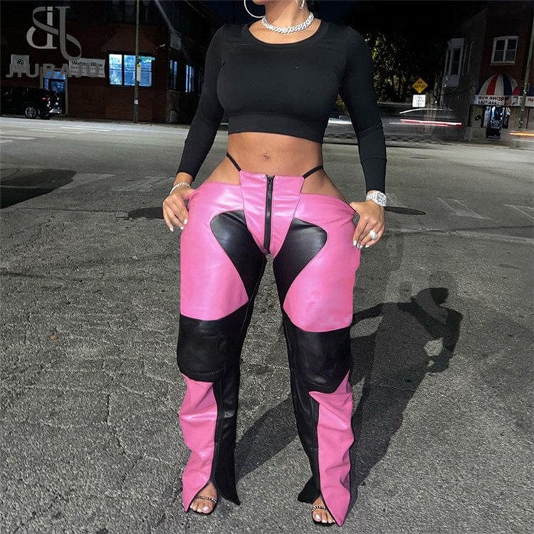 Patchwork Panelled Pants For Women 2023 Low Waist Streetwear Feux Leather Pants Pink Wide Leg Zipper Pants