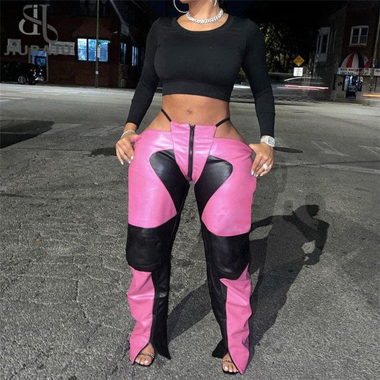 Patchwork Panelled Pants For Women 2023 Low Waist Streetwear Feux Leather Pants Pink Wide Leg Zipper Pants