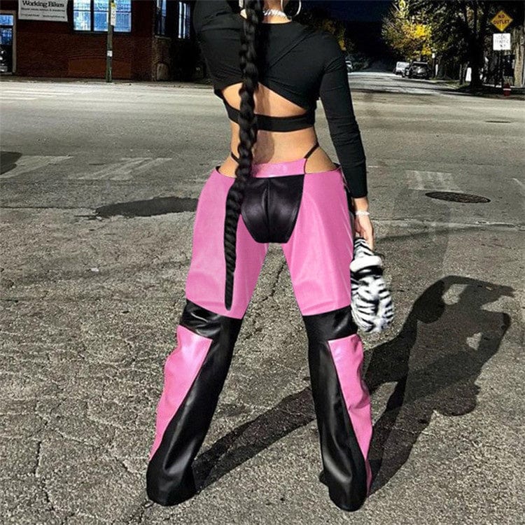 Patchwork Panelled Pants For Women 2023 Low Waist Streetwear Feux Leather Pants Pink Wide Leg Zipper Pants