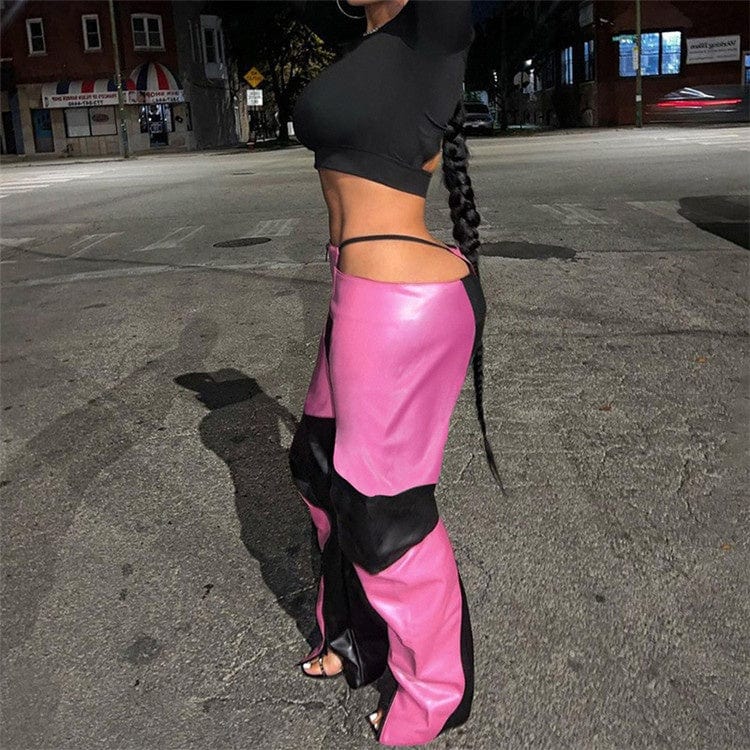 Patchwork Panelled Pants For Women 2023 Low Waist Streetwear Feux Leather Pants Pink Wide Leg Zipper Pants