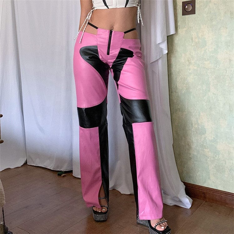 Patchwork Panelled Pants For Women 2023 Low Waist Streetwear Feux Leather Pants Pink Wide Leg Zipper Pants