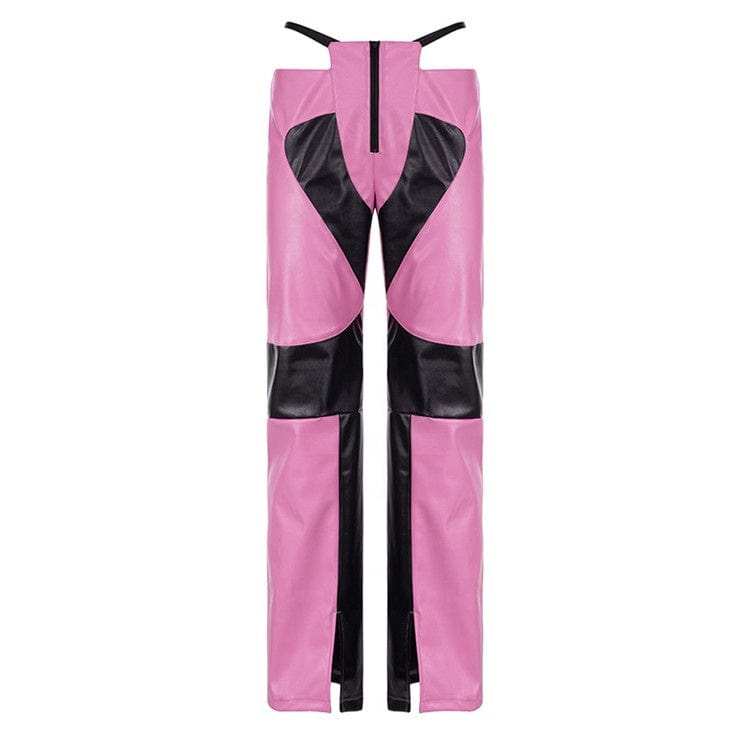 Patchwork Panelled Pants For Women 2023 Low Waist Streetwear Feux Leather Pants Pink Wide Leg Zipper Pants