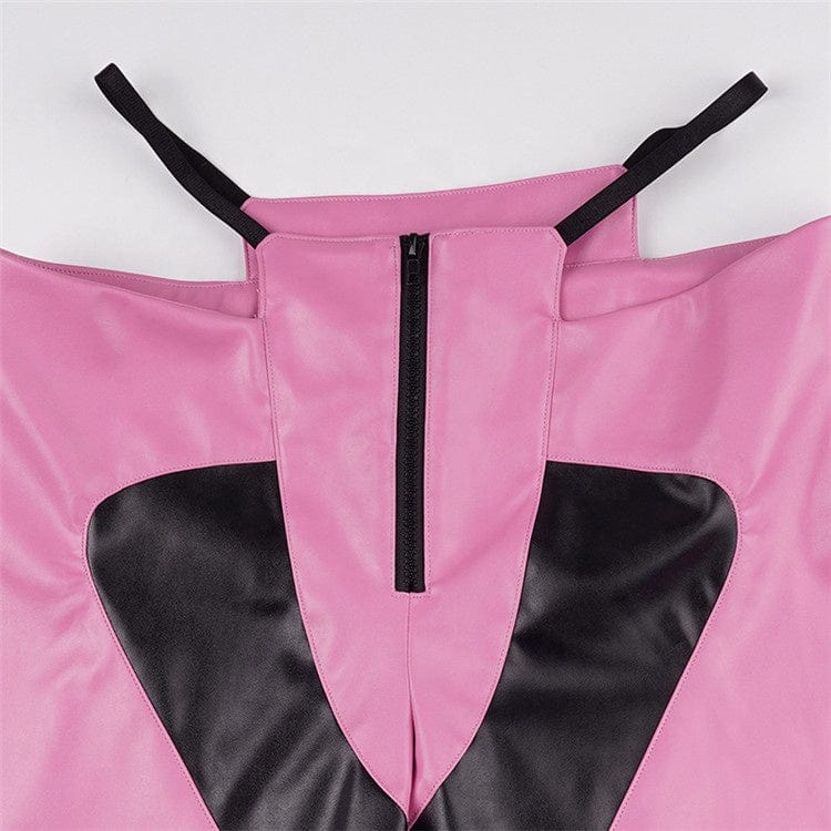 Patchwork Panelled Pants For Women 2023 Low Waist Streetwear Feux Leather Pants Pink Wide Leg Zipper Pants