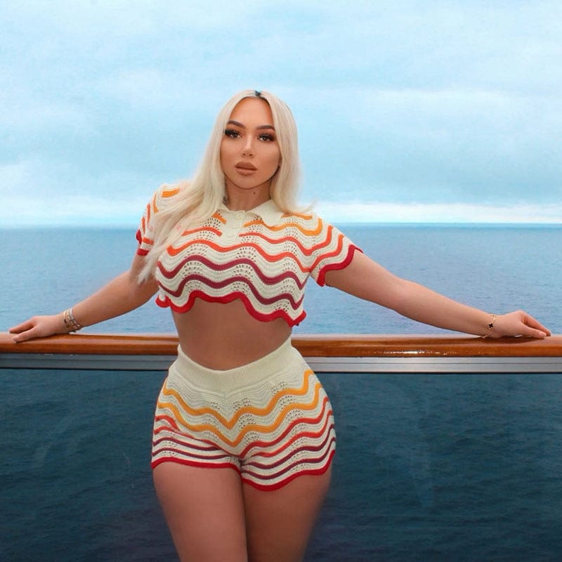 Patchwork Short Sleeve Two Pieces Skirt Sets Gradient Striped 2 Piece Set Women Knitted Women's Set