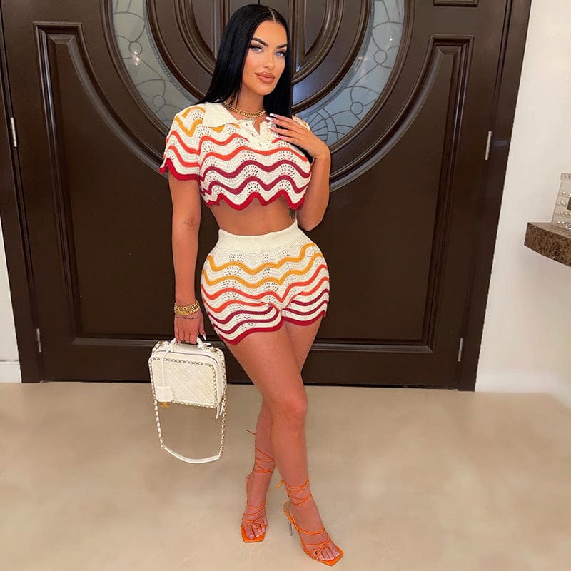 Patchwork Short Sleeve Two Pieces Skirt Sets Gradient Striped 2 Piece Set Women Knitted Women's Set