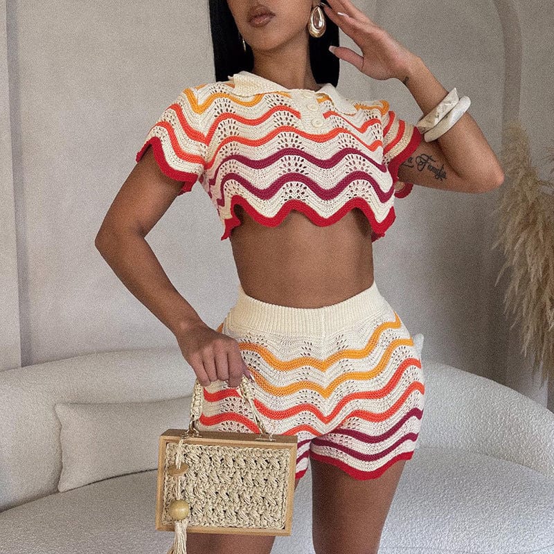 Patchwork Short Sleeve Two Pieces Skirt Sets Gradient Striped 2 Piece Set Women Knitted Women's Set