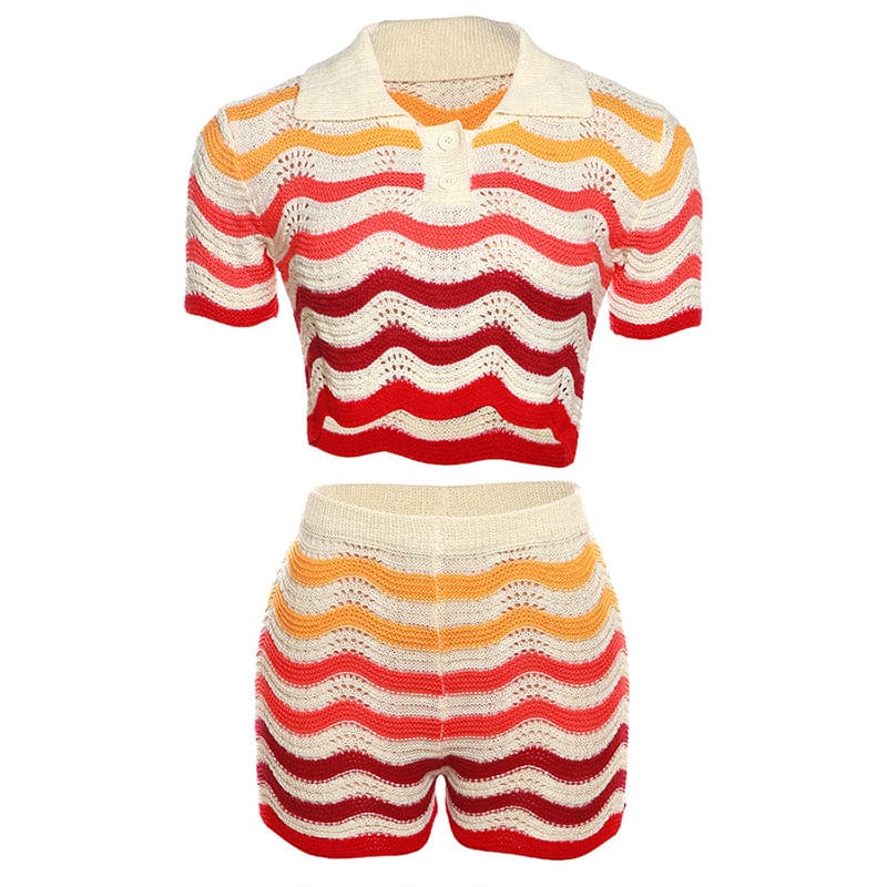 Patchwork Short Sleeve Two Pieces Skirt Sets Gradient Striped 2 Piece Set Women Knitted Women's Set