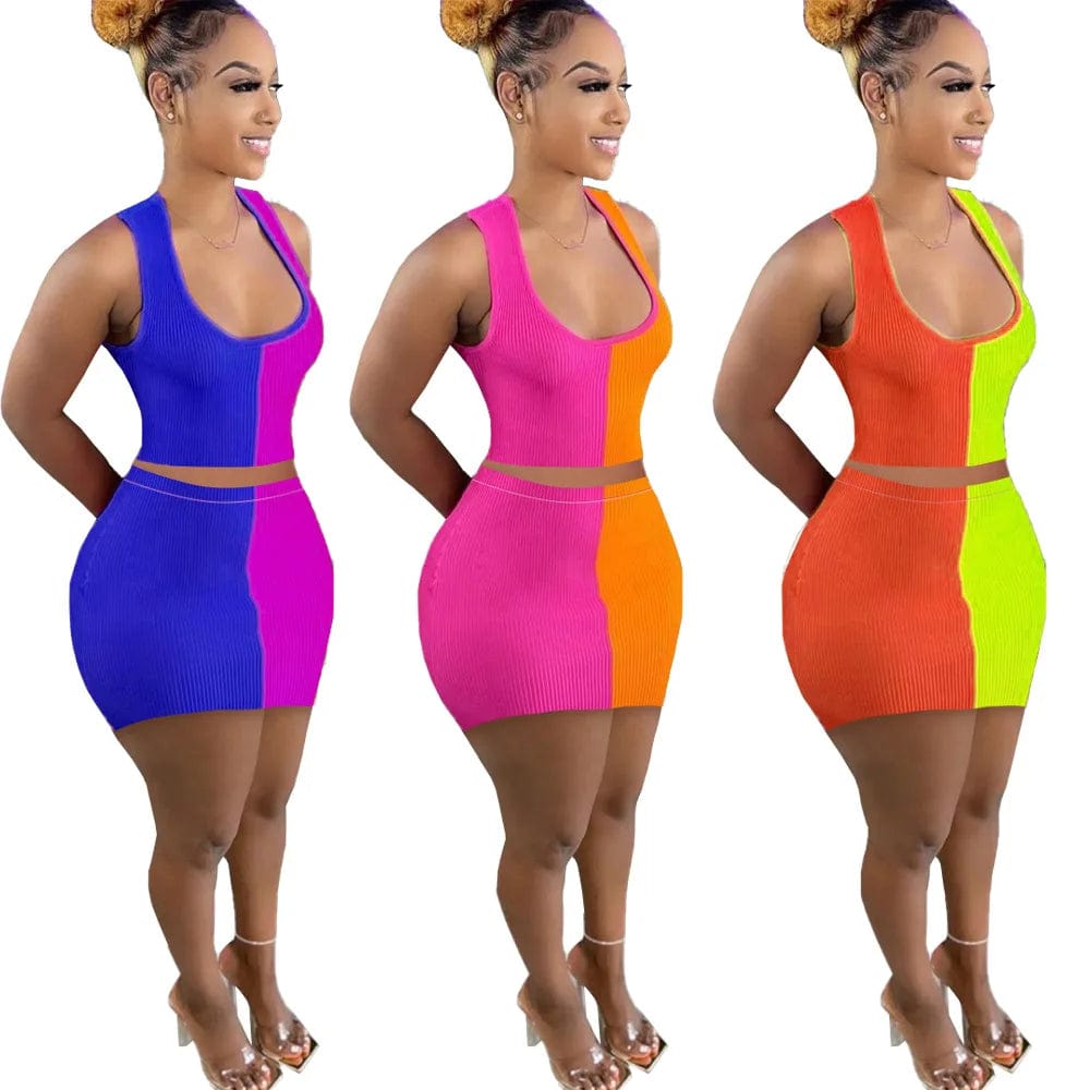 Patchwork Skirt 2 Piece Women Matching Back Cut Out Mini Set Dress Tank Top Skirt Set Women Clothing Summer Knit Top Skirt Set