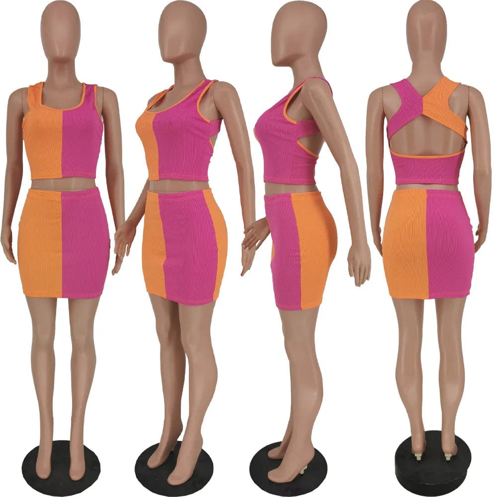 Patchwork Skirt 2 Piece Women Matching Back Cut Out Mini Set Dress Tank Top Skirt Set Women Clothing Summer Knit Top Skirt Set