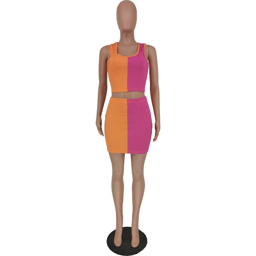 Patchwork Skirt 2 Piece Women Matching Back Cut Out Mini Set Dress Tank Top Skirt Set Women Clothing Summer Knit Top Skirt Set