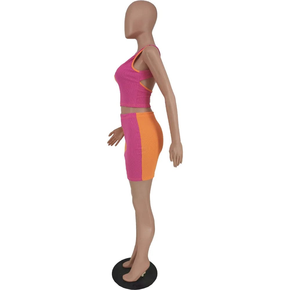 Patchwork Skirt 2 Piece Women Matching Back Cut Out Mini Set Dress Tank Top Skirt Set Women Clothing Summer Knit Top Skirt Set