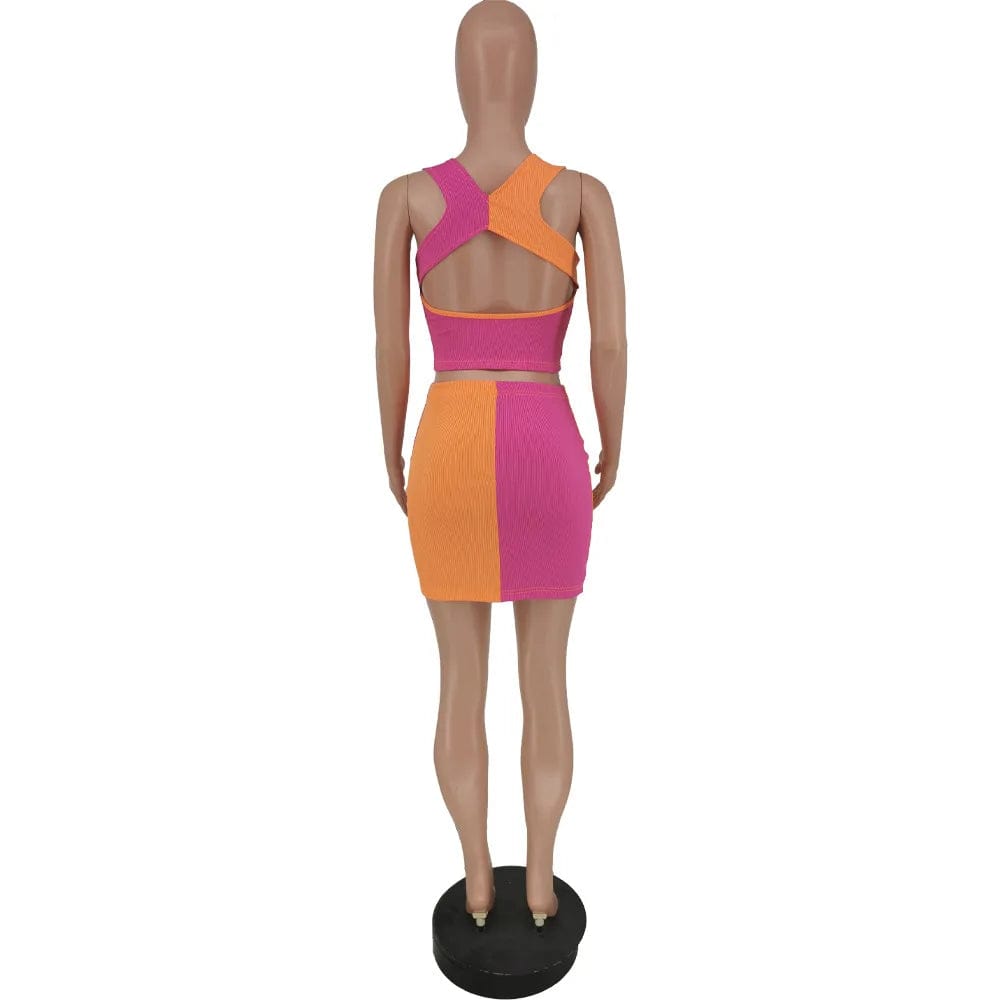 Patchwork Skirt 2 Piece Women Matching Back Cut Out Mini Set Dress Tank Top Skirt Set Women Clothing Summer Knit Top Skirt Set
